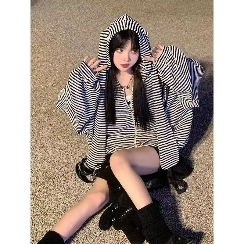 

Korean Y2K Striped Rabbit Ear Hooded Knitted Open Cardigan Outerwear Loose Women's Top Asymmetric Asymmetrical round Ne T-s...