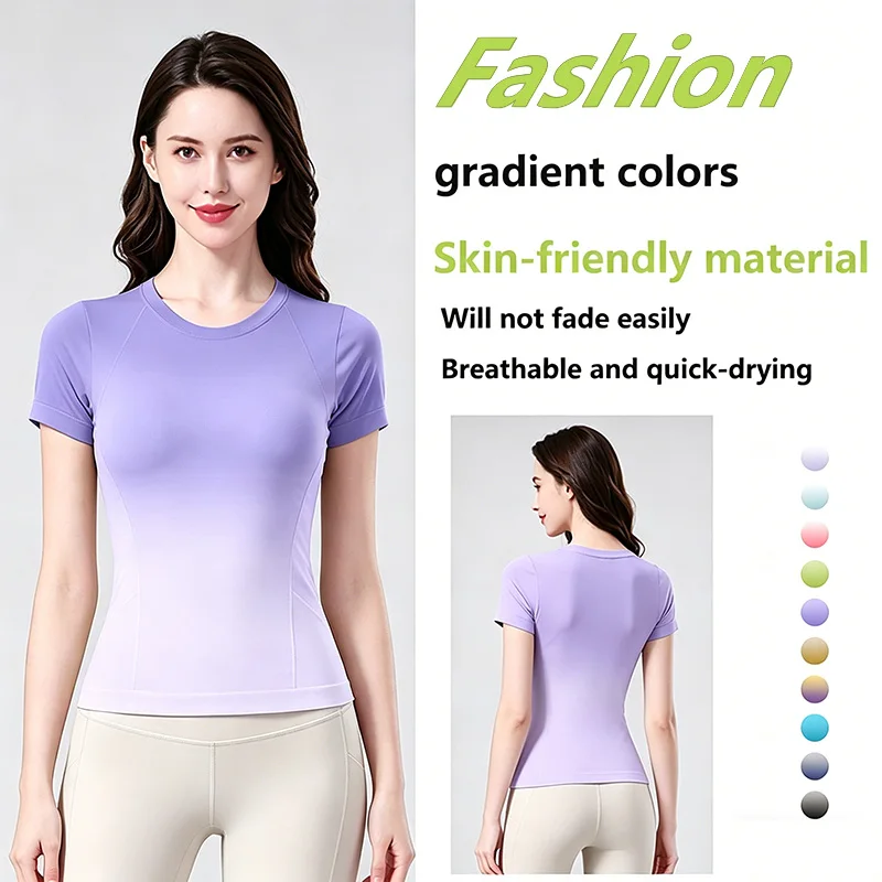 Women Gradient Yoga T Shirt Quick Dry Breathable Round Neck Sports Tops Thin Fitness Running Outdoor Workout Base Layer Tee