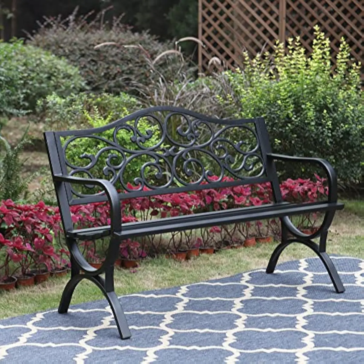Outdoor cast iron bench 50 inch wide with floral backrest and arched legs for patio garden park use weather resistant powder coa