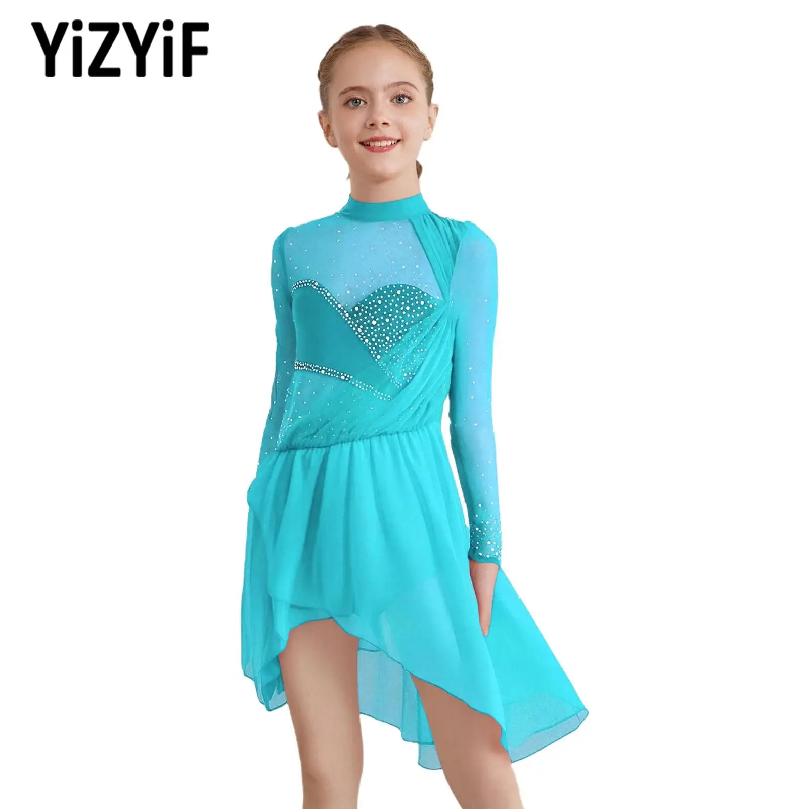 

New Girls Lyrical Contemporary Dance Dresses Ballet Gymnastics Figure Skating Costume Shiny Rhinestone Leotard Dresses Dancewear