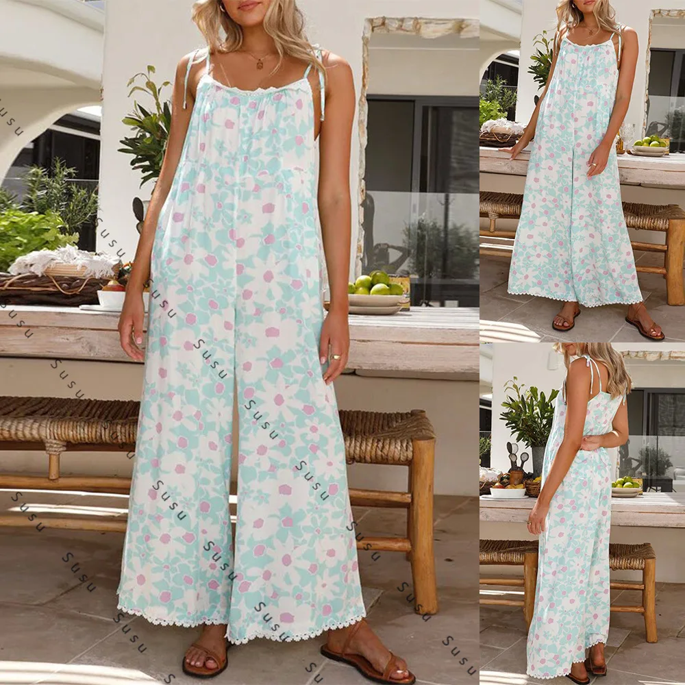 

2025 new European and American women's clothing summer one-piece suspenders loose casual printed lace trousers 3005