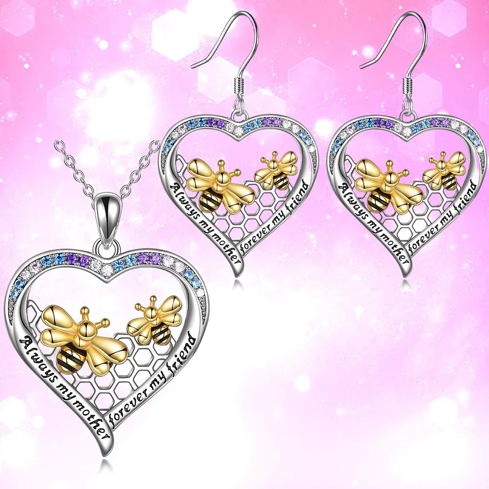 3pcs Bee Necklace Earring Set Honeycomb Love Heart Shaped Mother And Daughter Pendant Necklace Jewelry Gift For Mom(Bee)