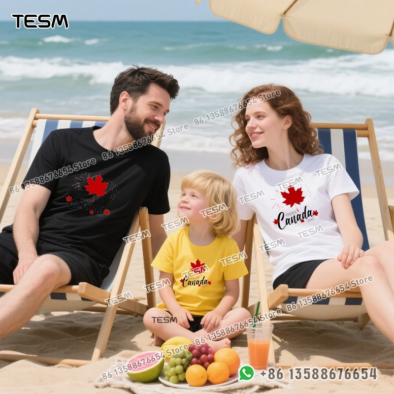TESM Maple Leaf Print Men Cotton T-shirt Casual Loose Short-sleeve Party Parent-child Outfit Mom Dad Family Vacation Top