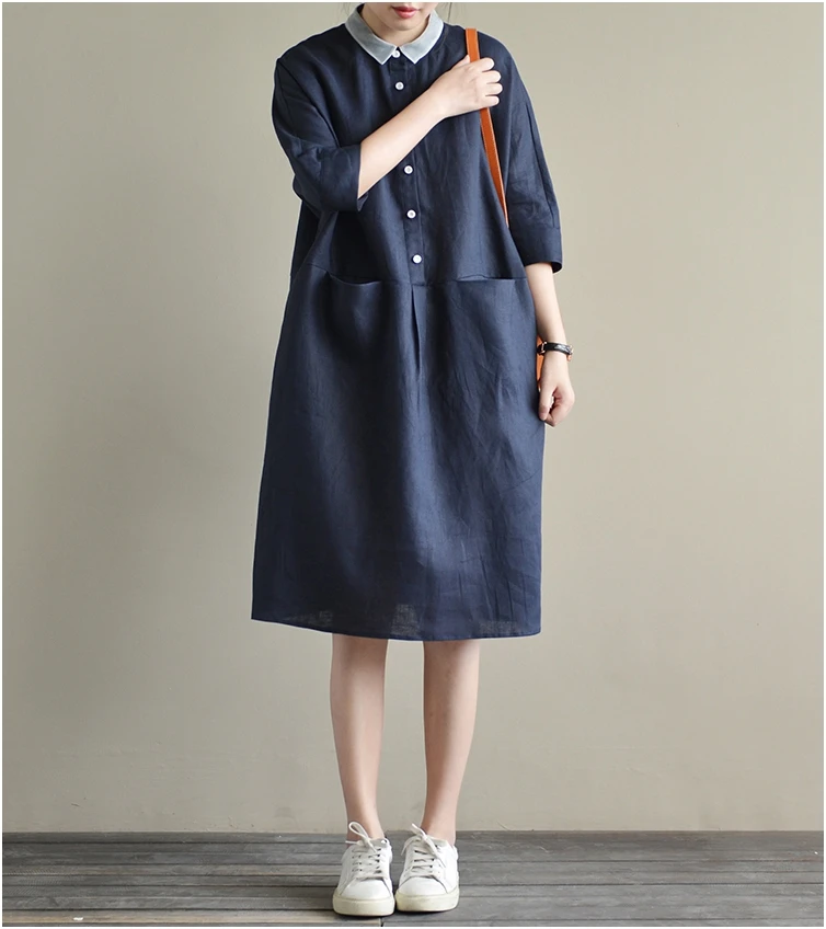 

Свободная женская юбка миди А-силуэта из хлопка и льна с коротким рукавом в корейском стиле, для повседневной носки, с эластичной талией, летняя