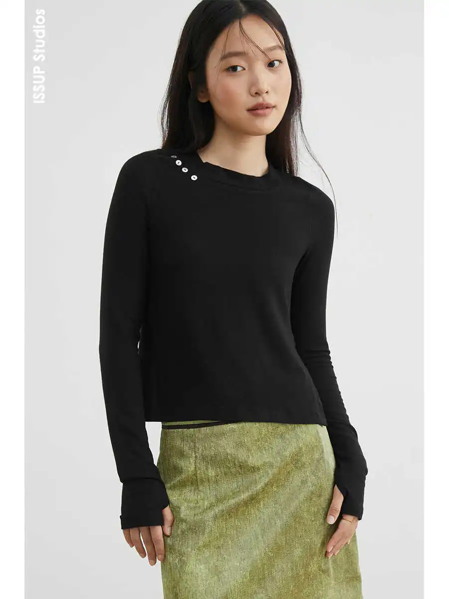 

ISSUP Studios Slimming Long Sve T-irt Original Design Split Faionable Warm Bla Base irt Women's Stand Fit T-irt