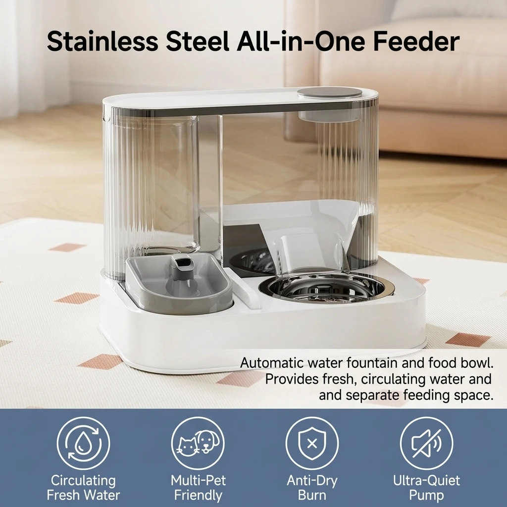 ステンレス製ペット用ウォーターファウンテンフィーダー、デュア - Automatic Pet Feeder Dual Bowl Stainless のレビューと価格