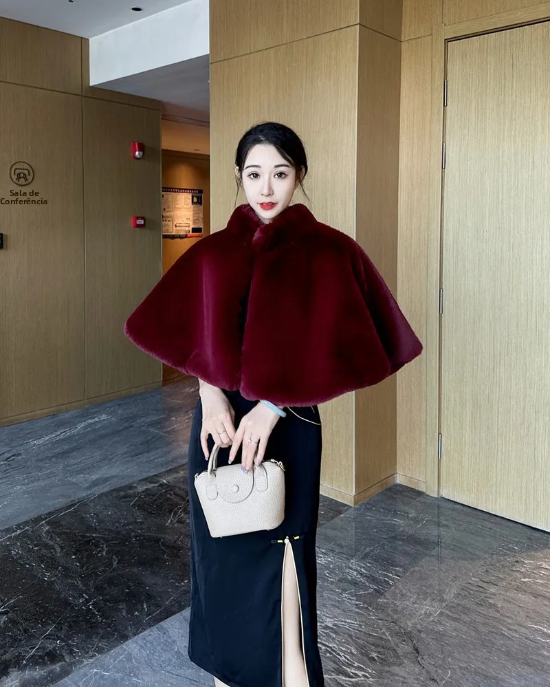 大型フォックスファーコート-レディース-秋冬アウター-厚手-暖かい-花嫁-ウェディング-ショルダーショール-クローク-おしゃれなアクセサリー