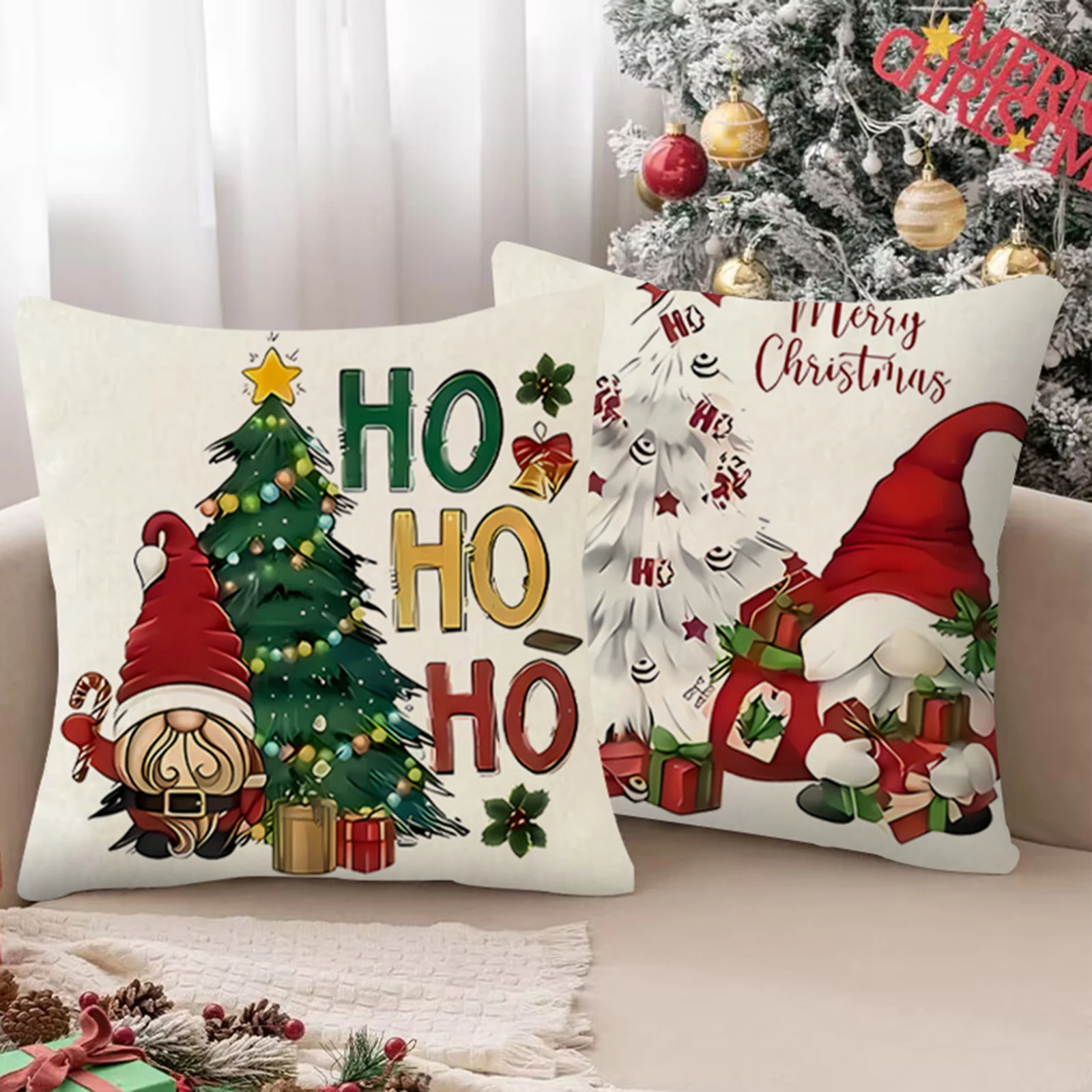 2025 New Years 45*45cm Christmas Linen Pillow Covers Dwarf/Santa Claus Pattern Cushion Cases for Home Xmas Decor Sofa Pillowcase