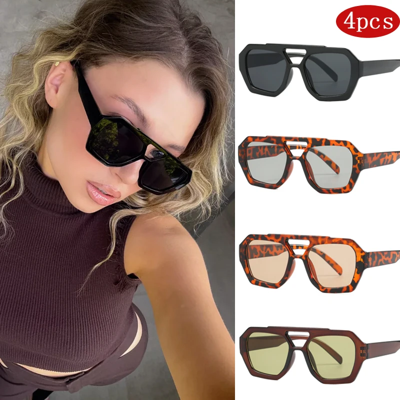 4 pezzi moda femminile doppi ponti occhiali da sole quadrati occhiali dal design semplice multi colore occhiali per protezione solare da esterno di alta qualità