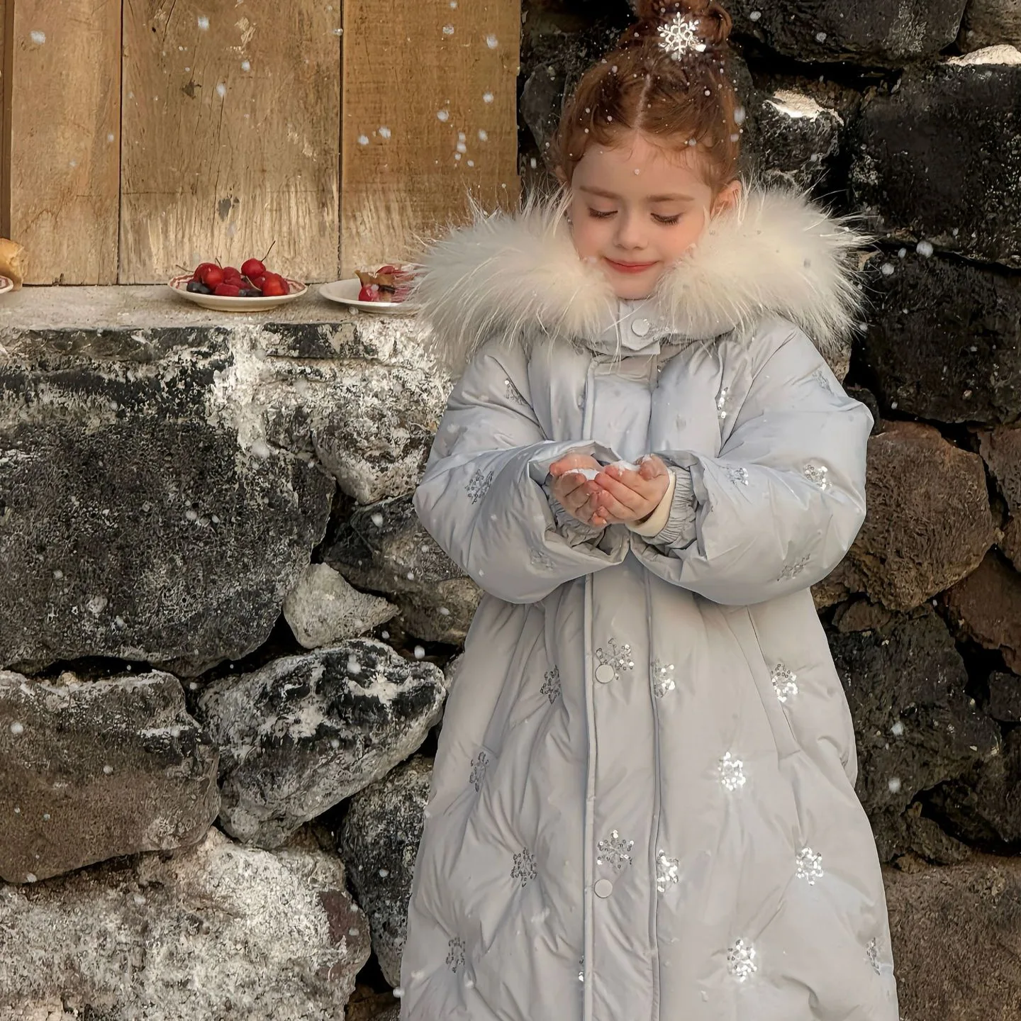 

2025 Winter True Hair Collar Detachable Children Long Cotton Jacket for Girls Snow Glitter Thick Cotton Coat