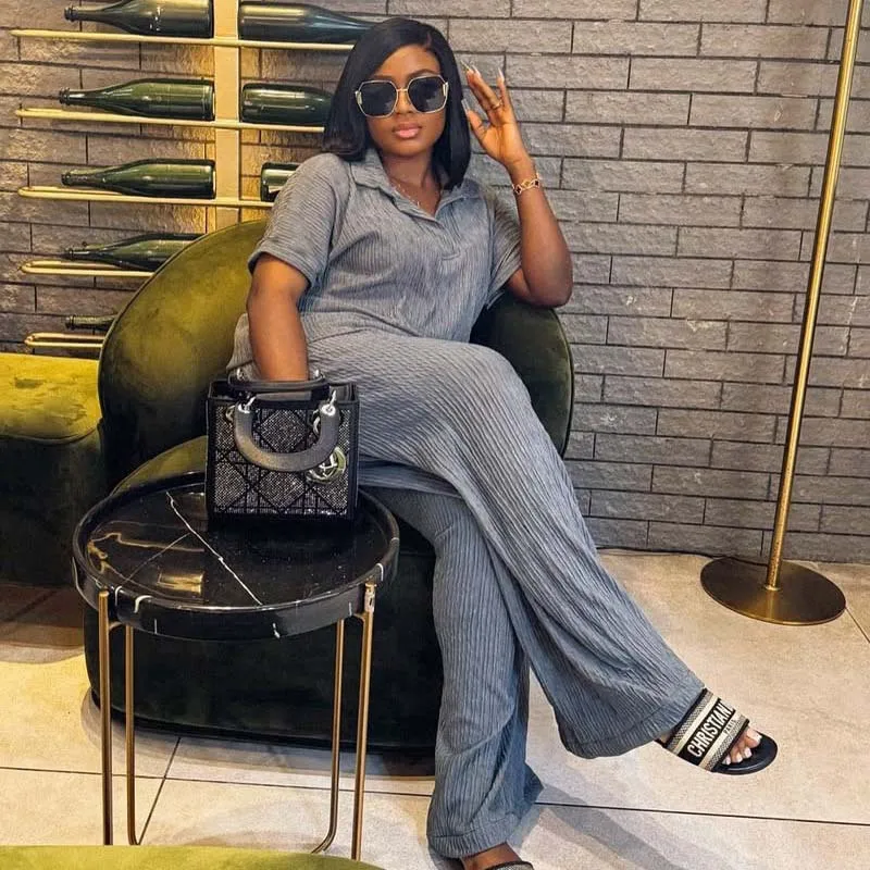 

African plus Size Loose Outfit Short Sleeve Lapel Shirt Casual Wide-Leg Trousers High Sense European and American Women's Clothi