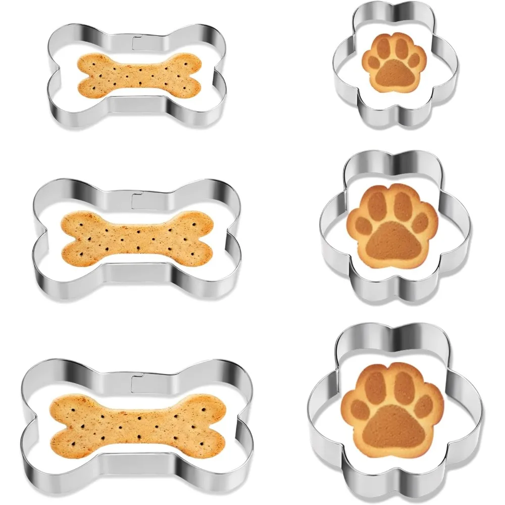 

6 PCS Dog Bone Cookie Cutter, 3 Sizes Stainless Steel Dog Bone & Paw Print Cookie Cutter Set Biscuit Mold for Theme Party Homemade Treats and Baking