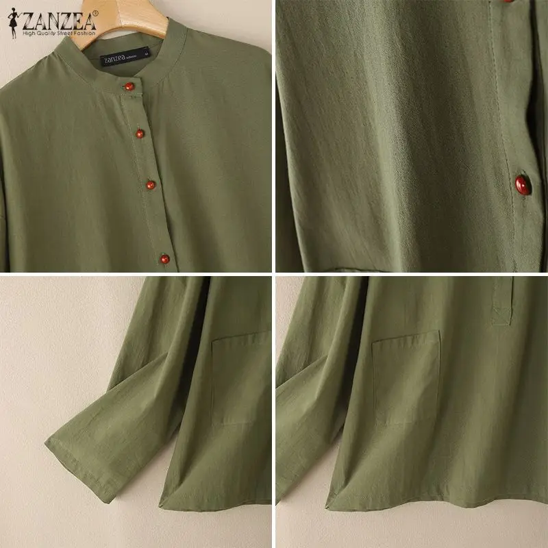 ZANZEA レディース ヴィンテージ コットン リネン ブラウス 春 長袖 マンダリンカラー ハーフボタン ソリッドカラー トップス 日常 カジュアルウェア