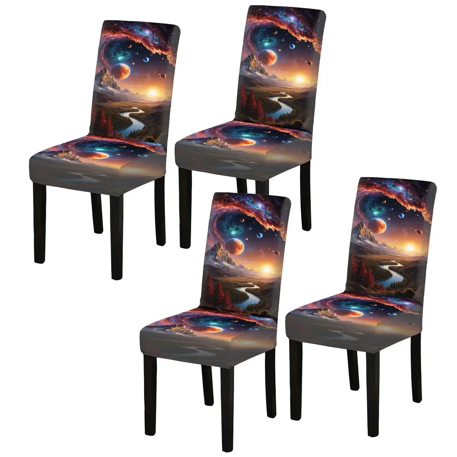 Elastic printed dining chair cover, removable and washable scratch-proof dining chair cover, romantic cosmic starry sky pattern