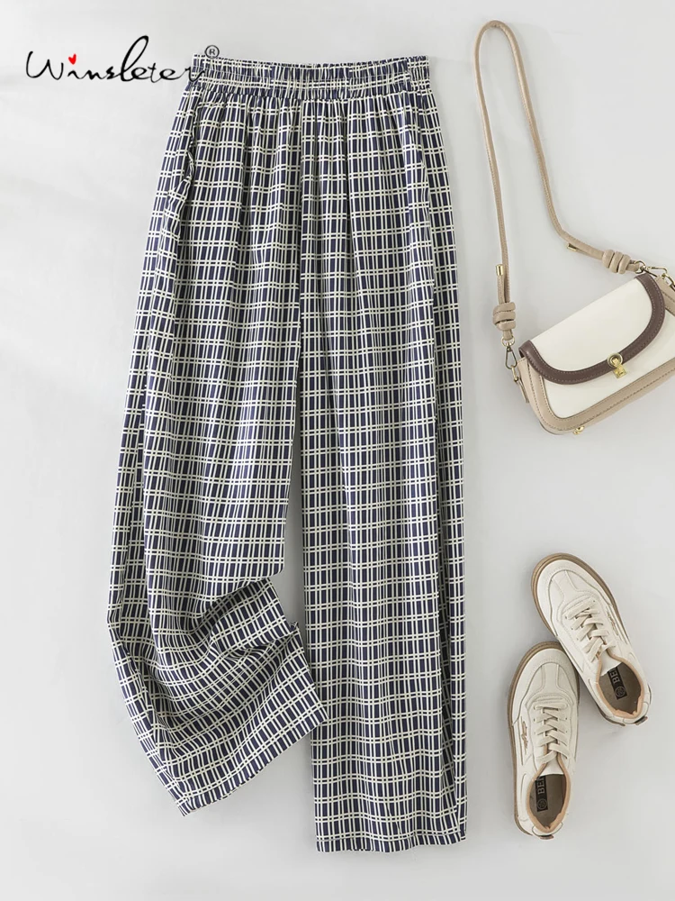 

Winsleter-Женские элегантные брюки из 70% шелка, 30% хлопка, клетчатые брюки с эластичной резинкой на талии, повседневные шаровары в стиле ретро, новинка лета 2023 года B56948CC