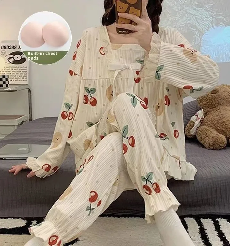 Cute Bear Cherry Cartoon Sleepwear Set Women's Long Sleeve Cotton Padded Home Clothes Spring Summer Autumn Floral Print