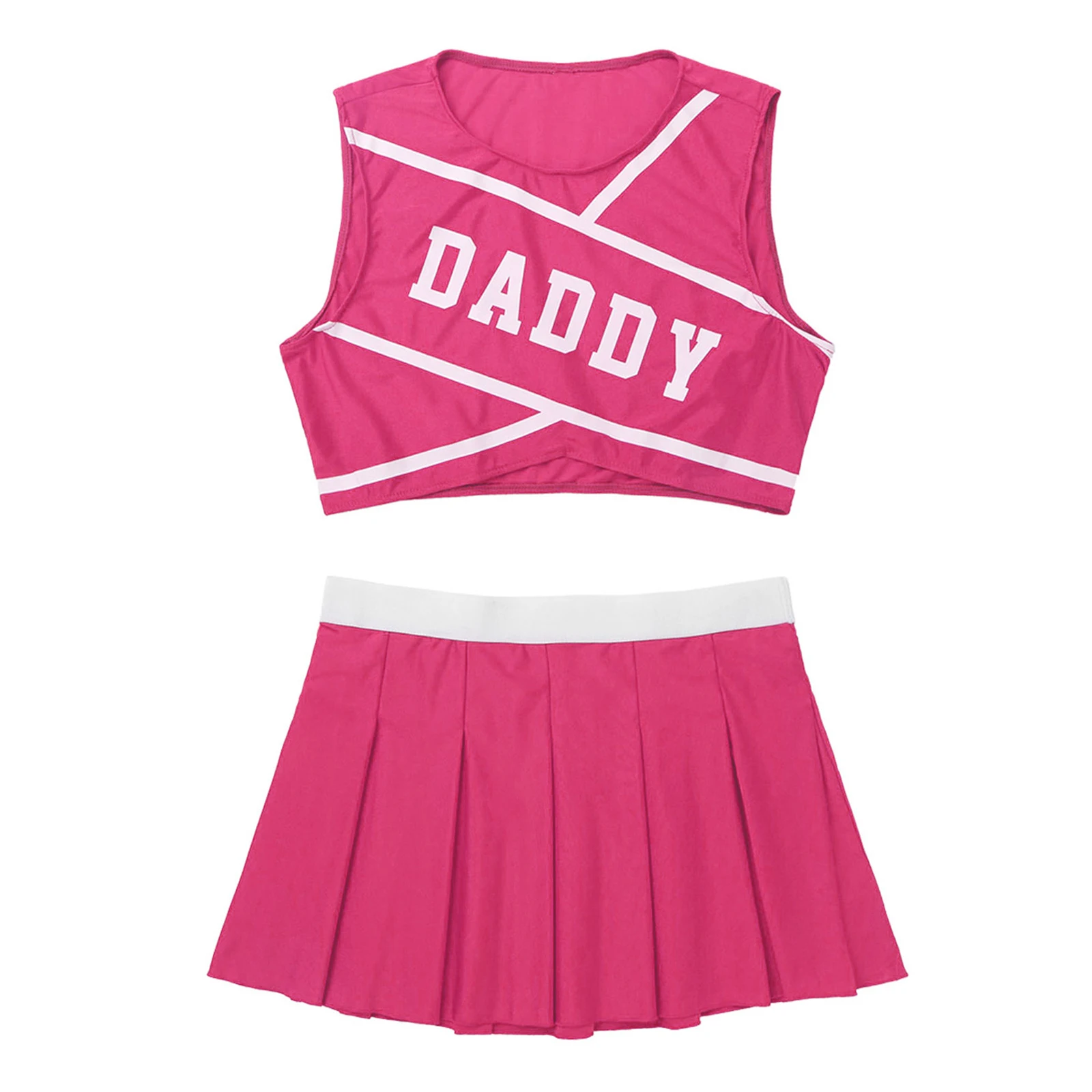 2Pcs Women School Girls Cheerleading Uniforms Set DADDY Printed Cheerleader Costume Sleeveless Crop Top with Mini Pleated Skirt