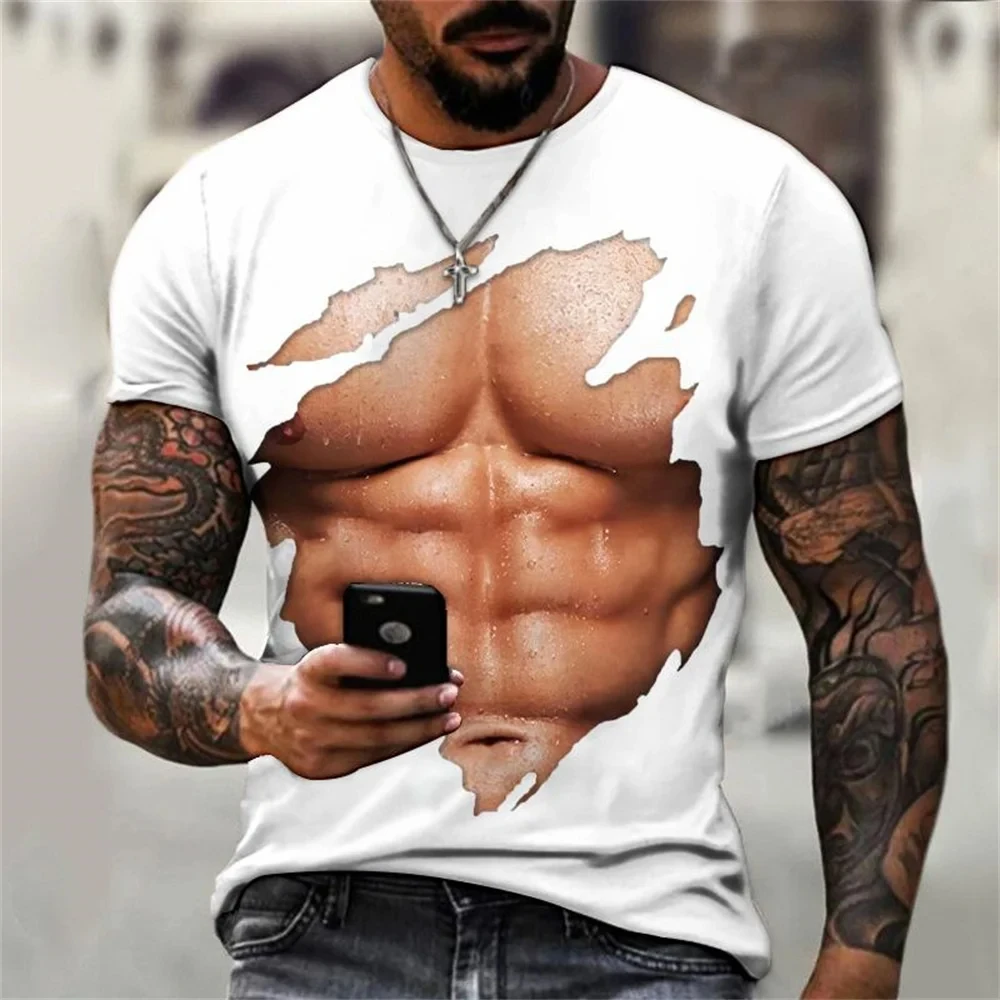 Summer Clothing Men T-shirt Abstract Funny Pectoral Muscle 3D Print Top Graphic Round Neck T Shirts Streetwear Clothes Oversizd