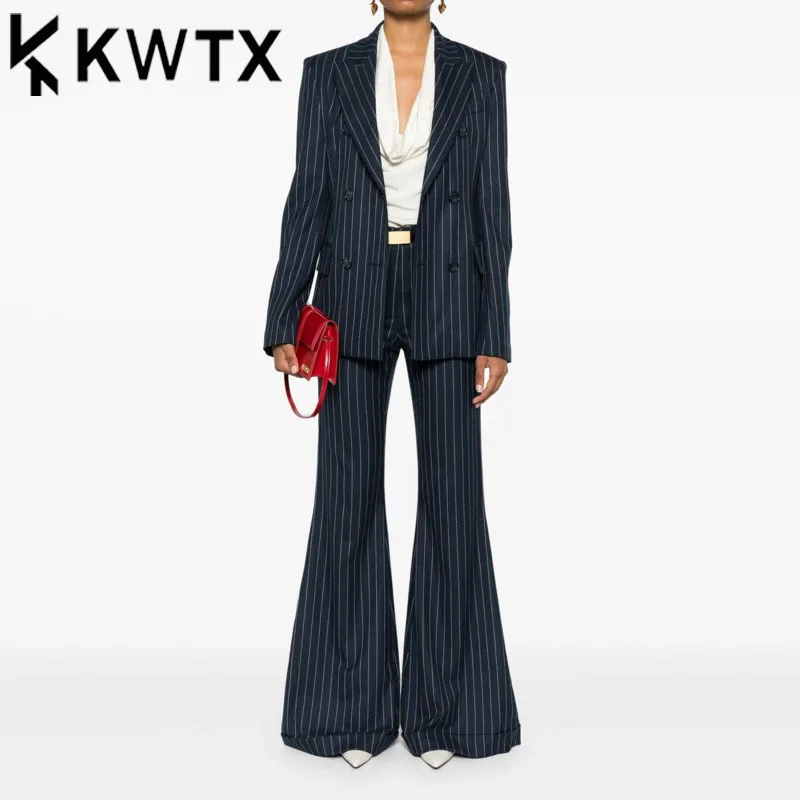 

KWTX Women's 2 Piece Set Gathered Wait Fit Double Breasted Blazers+high Waist Wide Leg Pants Office Lady Suits 2025 New