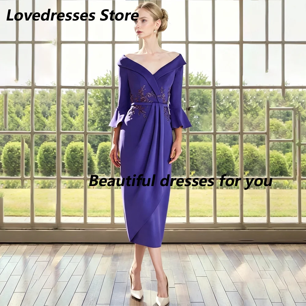 Customized Purple Off Shoulder 3/4 Flare Sleeve Mother Of Bride Dresses Floral Appliques Wrap Midi Formal Wedding Guest Gown