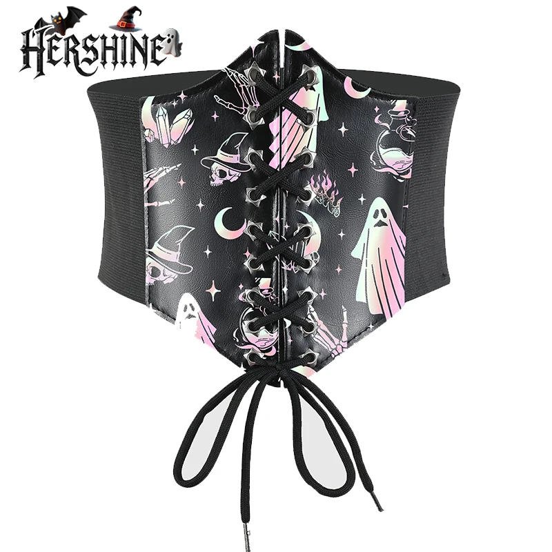 เข็มขัดหกเหลี่ยมพิมพ์ลายผีหลากสีสันสำหรับผู้หญิง HERSHINE 1 ชิ้น สไตล์โกธิค Y2K เหมาะสำหรับชุดเดรสและเครื่องประดับฮาโลวีน