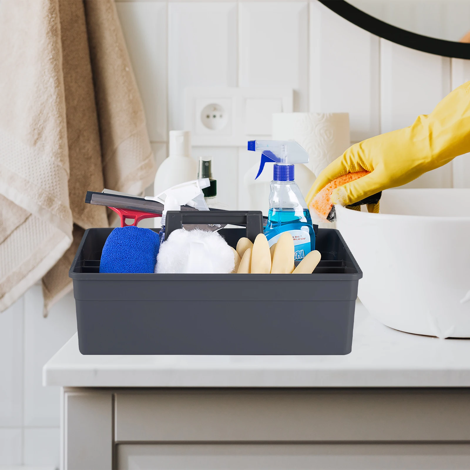 

Plastic Cleaning Basket Storage Organizer Handheld Box Stackable Portable Handle Cleaning Supplies Plastic Storage Basket