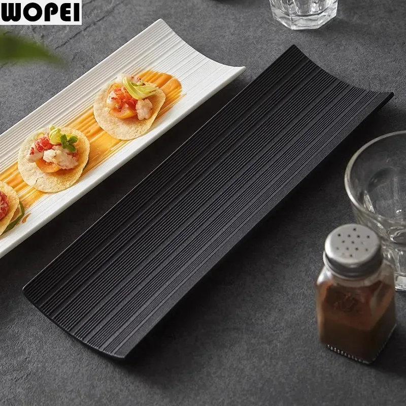 Striped Curved Ceramic Long Strip Plate Sushi Plate Sashimi Plate Dessert Snack Dish Molecular Cuisine Restaurant Tableware