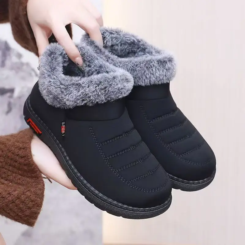 Middle Aged And Elderly Women Ankle Snow Boots Winter New Flat Sole Round Toe High Top Slip On Thicken Plush Warm Cotton Shoes