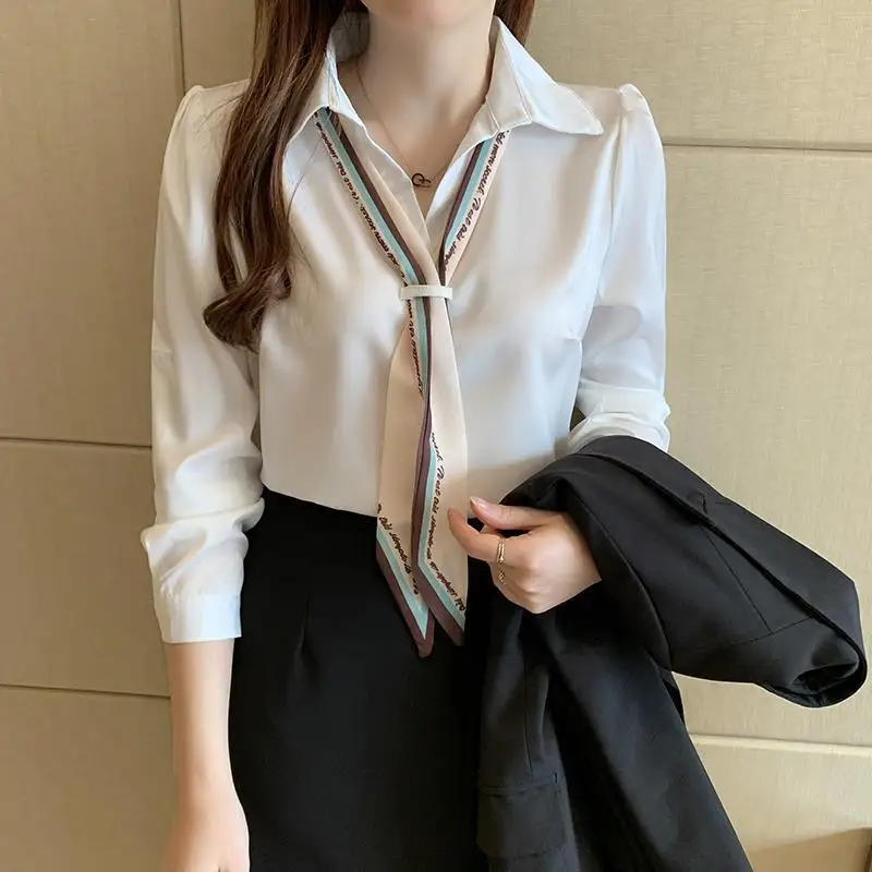 White Chiffon Shirt for Women Spring New Office Lady Long Sleeve Solid Color Temperament Thin Blouse Fashion Elegant Clothing