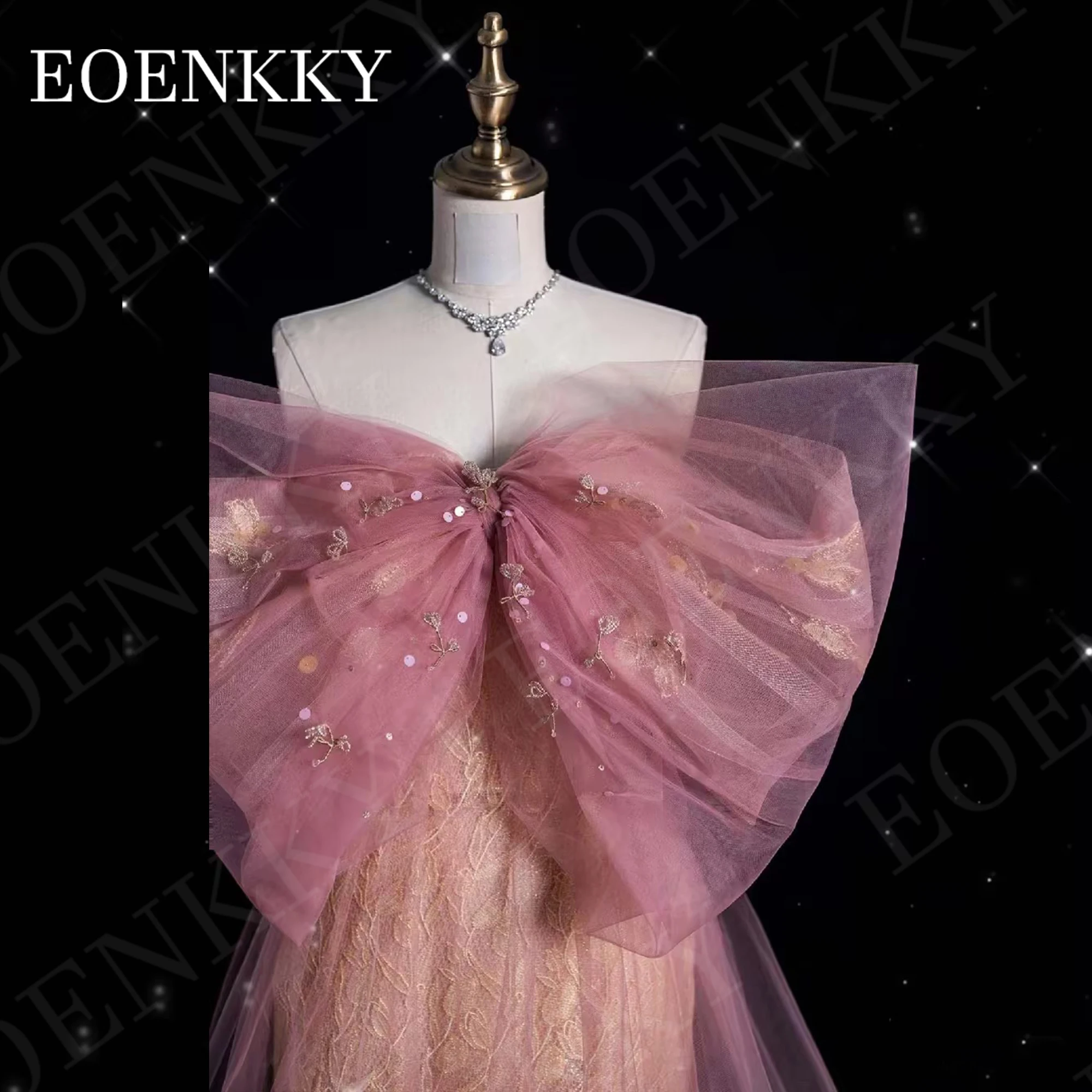 EOENKKY abito da ballo monospalla elegante fiocco rosa pizzo Tulle abiti da festa formali donna una linea che borda Una spalla Abito da ballo Elegante Rosa Bow Pizzo Tulle Abiti da festa formali Donna A Line Perline