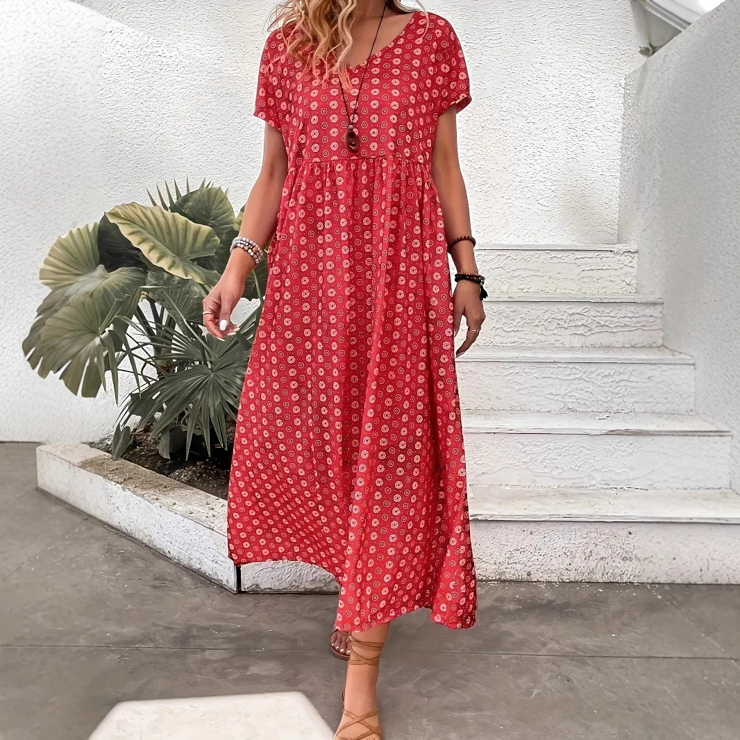 Women's Plus Size Dress Summer Hot Selling Fashion Personality Casual Red Polka Dot V-Neck Short Sleeve Long Dress - view 2