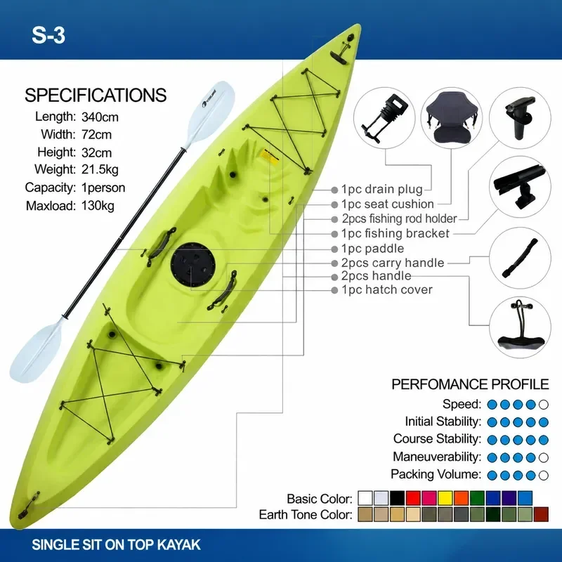 TOLEE Single Person Kayak Canoe Fishing Boat for Surfing and Angling Lightweight Portable Sit on Top Watercraft