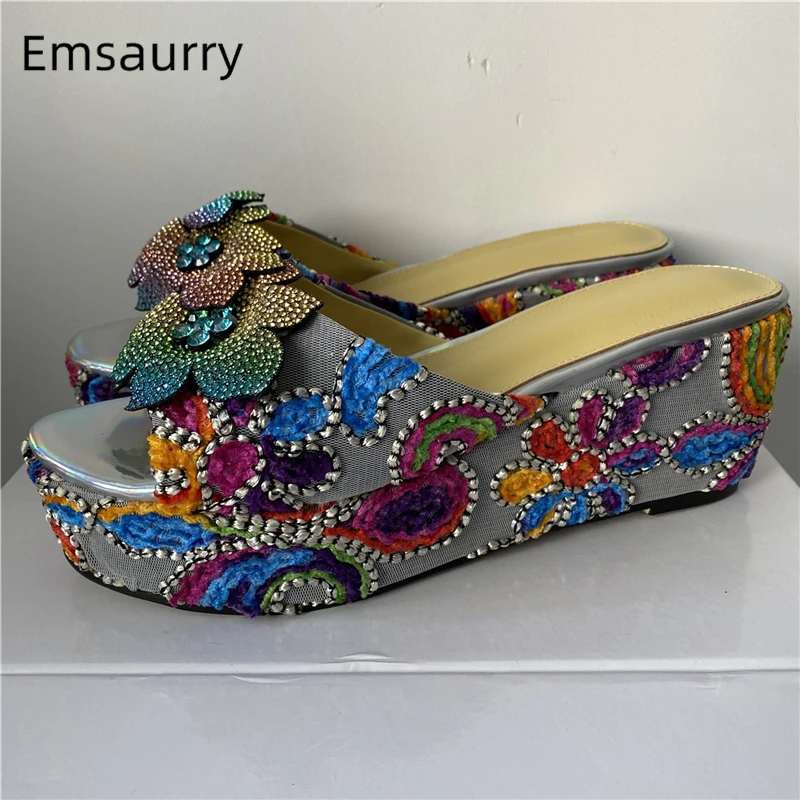 Embroidery Air Mesh Wedges Women Sandals High Platform Slingbacks Colorful Rhinestone Flower Summer Shoes