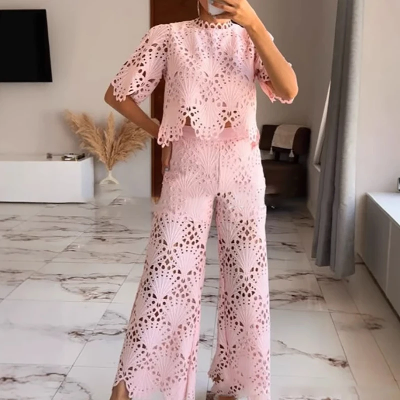 

Retros Lace Embroidery Commute Two Piece Casual Half Sleeve Hollow Out Tops&Wide Leg Pants Suits French Style Loose Ruffles Set