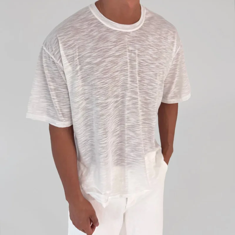 Spring And Summer New Men's Snowflake Cotton Round Neck Short-sleeved T-shirt Casual Fashion Micro-perspective Men's Top