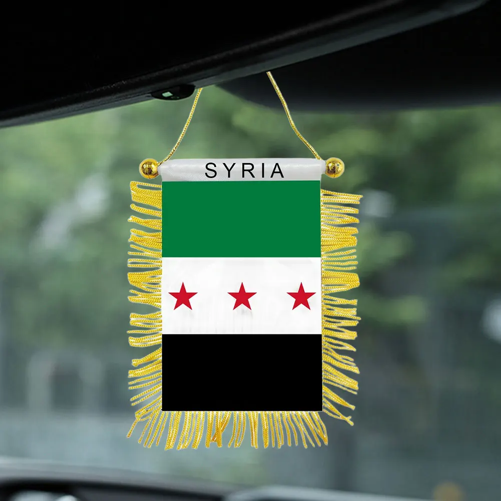 Syria Small Hanging Flag Double Sided Tassel Syria Mini Pennant with Suction Cup Car Decoration Window Banner