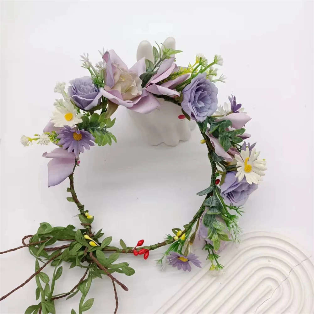 

Purple Simulation Flower Wreath Hair Band Bohemian Rose Daisy Crown Hairband Spring Bride Wedding Party Tiara Accessories Decor