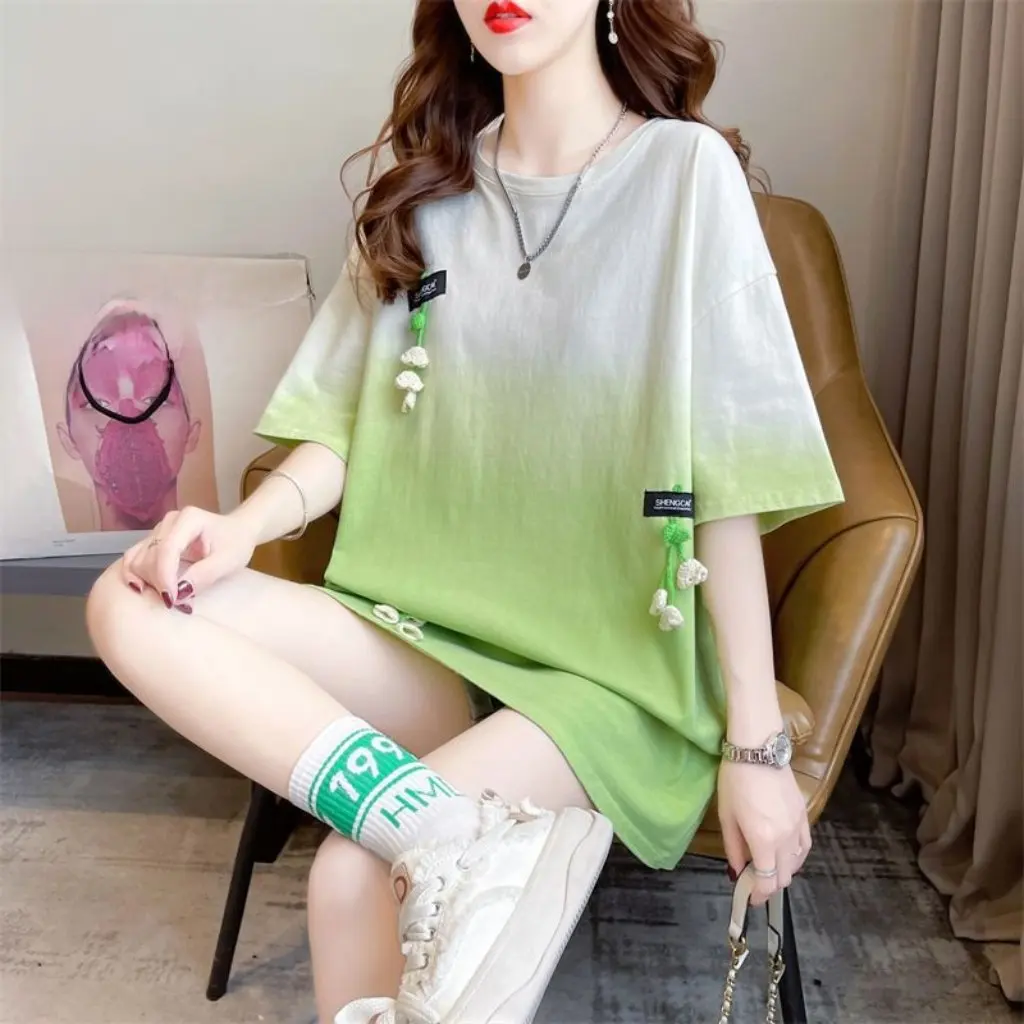 

Design Sense Women's Short-Sleeved T-shirt Summer Korean Loose plus Size Mid-Length Tie-Dye Top for plus Size Women