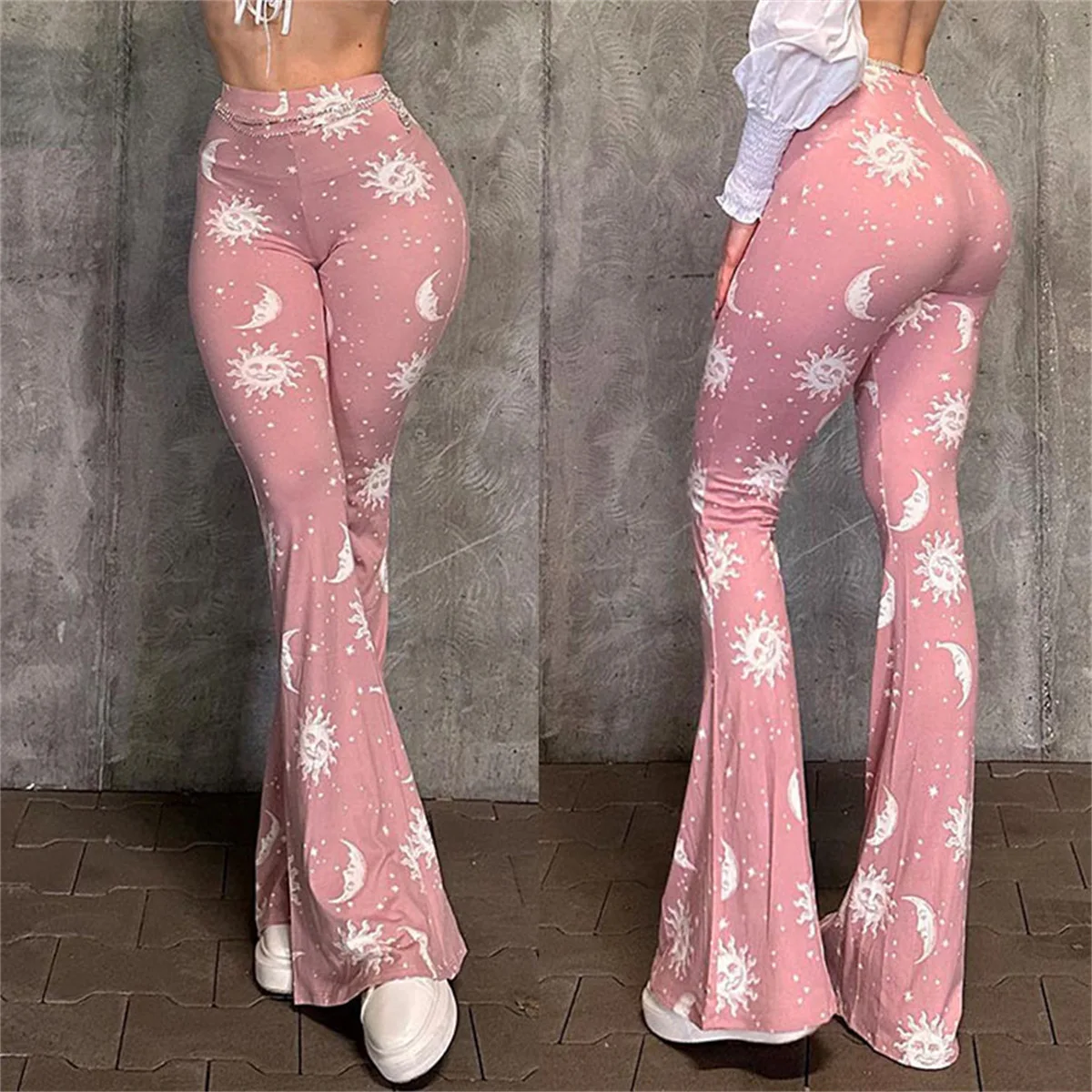 

Summer Fashion Printed Slim Fit Pants 2025 Women's Pink Casual Temperament Yoga Pants Tight Print Micro Flared Pants