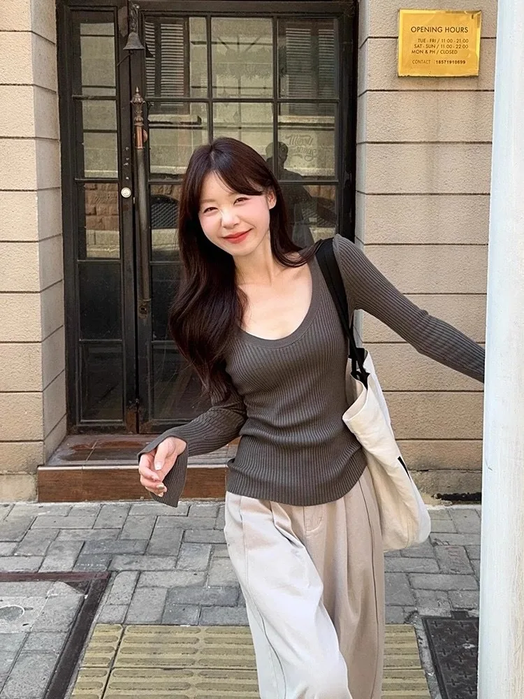 Coreano Sle ey Long Sve Base lavorata a maglia irt Maglione attillato slim fit da donna Autunno Inverno U-Ne Top Abbigliamento interno Grande apertura...