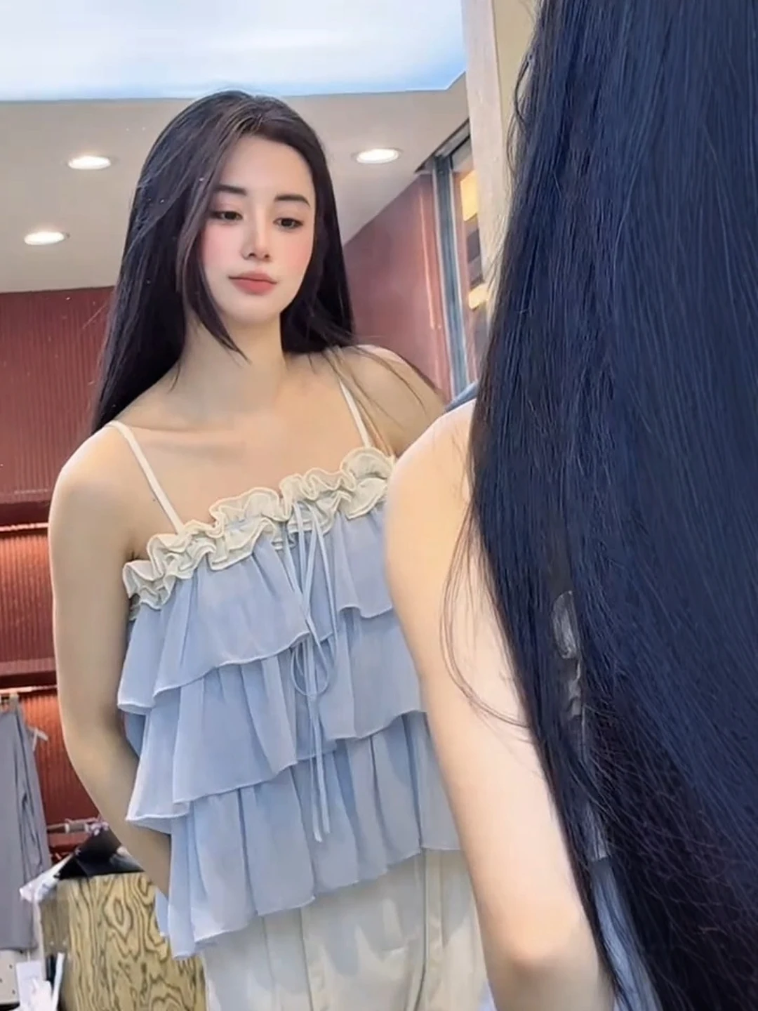 Sweet Cool Bell Sleeve Crop Top Women's Summer New Blue Multi-layer Sleeveless Beautiful Little Shirt Sexy Style Floral 