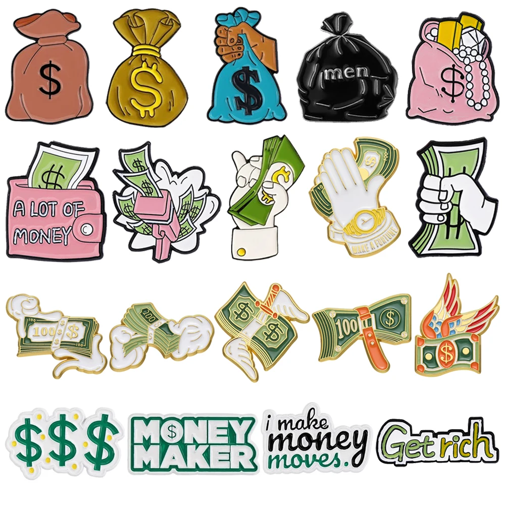 Dollar Money Enamel Brooch Purse Money Maker Fully Loaded Cartoon Money Bag Metal Badge Clothes Lapel Pins Jewelry Friend Gift