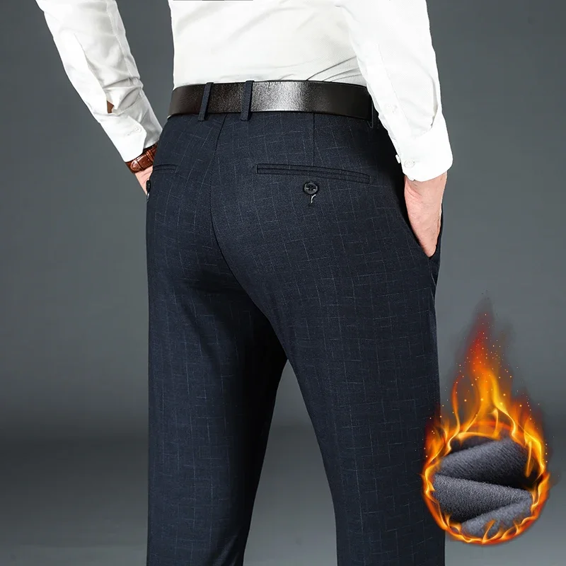 

Классические клетчатые мужские деловые зимние брюки, качественная одежда, флисовые толстые теплые брюки, прямые повседневные брюки с высокой талией, молодежные