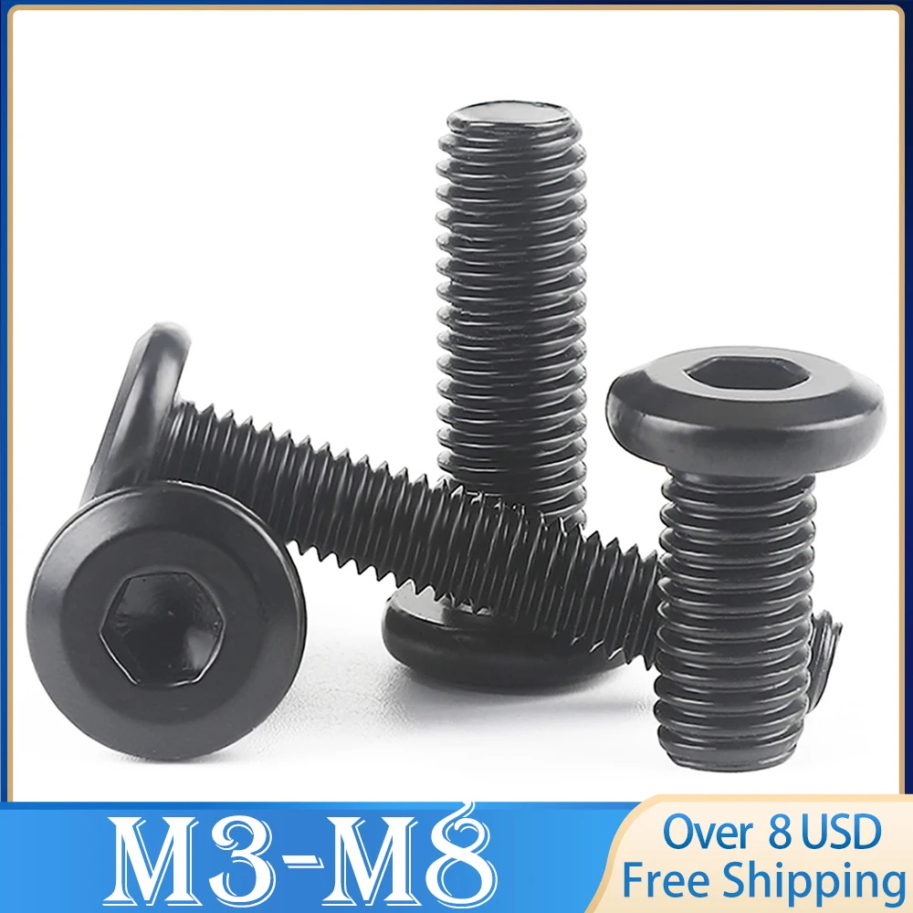 10pcs M3 M4 M5 M6 M8 Black Carbon Steel CM Large Flat Hex Hexagon Socket  Allen Screw Furniture Screw Connector Joint Bolt