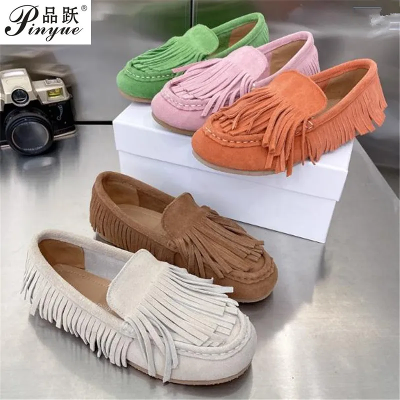 Women\'s Shoes Genuine Leather Flats Moccasins Oxford Mother Girls Slip On Casual  Suede tassel flats 35 40