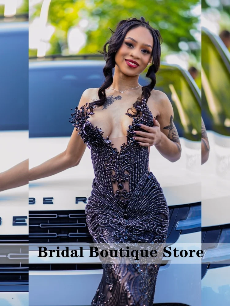 

Sexy Black Beaded Mermaid Prom Dress Diamonds Sweetheart Black Girls Backless Formal Evening Party Gown Customized