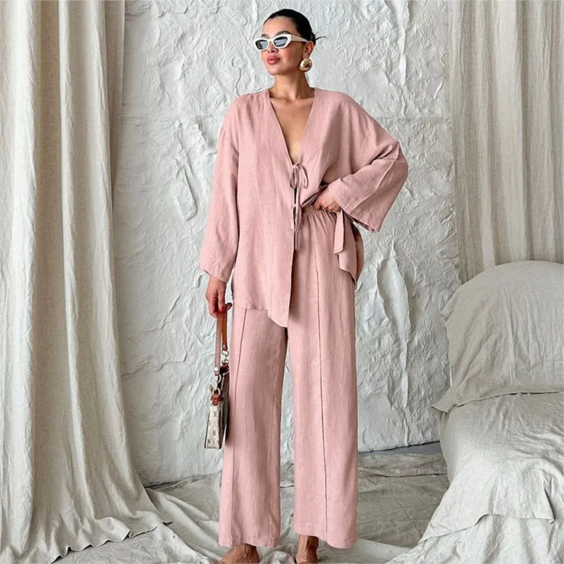 

Women's Casual Lace-up Shirt And Pants Suit Solid Color V-neck Hollow Jacket Wide-leg Trousers Suit For Women Spring 2-piece Set