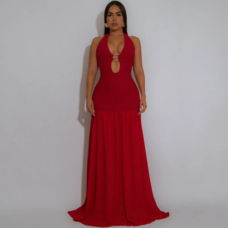 Abiti lunghi sexy a trapezio con scollo all'americana e schiena scoperta, da sera, per compleanno, con scollo a V profondo, anello in metallo, scava fuori, abito lungo da night club per feste