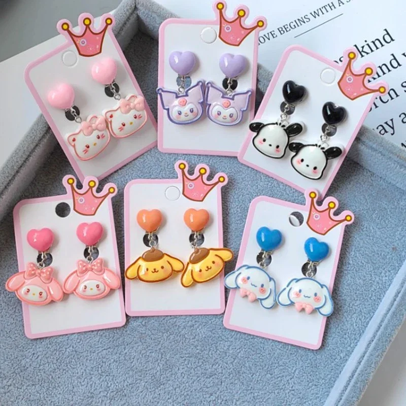 Sanrio Hello Kitty Ear Clip Cartoon Kuromi No Piercing Pendant Ear Clips Resin Children Fake Earrings Girl Party Jewelry Gift