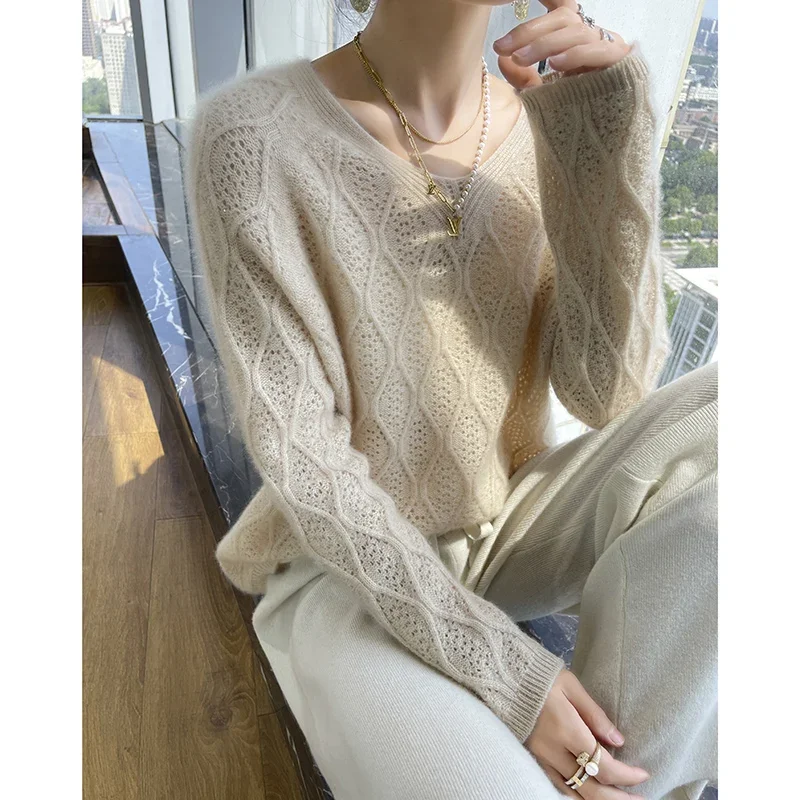 Cashmere Sweater Women Loose Casual Wool Pullover Hollow Out Weaving Female Clothing Knit Top Autumn Winter Female Clothing 2024